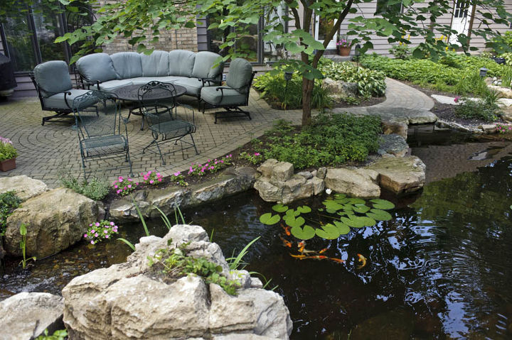 water gardens, outdoor living, ponds water features, Ample seating provides opportunity for hours of entertaining by the water garden