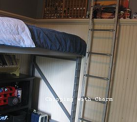 re purposed pallet racking to lofted bed little man cave, bedroom ideas, painted furniture, pallet, repurposing upcycling, A ladder from an old corn crib adds access and coolness