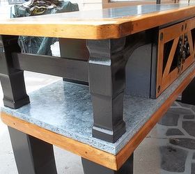 recycling an old out dated coffee table into a useful kitchen island, As you can see I trimmed in a flat black paint and did faux painting on the side shelves