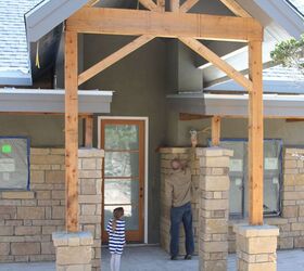building a house, concrete masonry, curb appeal, home improvement, stone and stucco mix cedar porch details