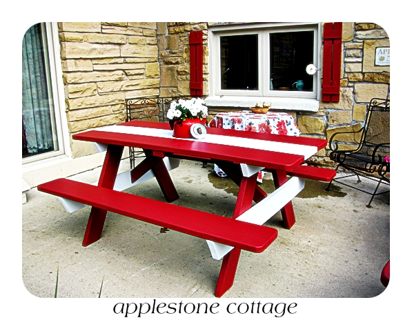 decrepit old picnic table gets a brand new look, diy, painted furniture, woodworking projects, I love my table And the colors work perfectly here