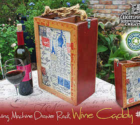 wine caddy made by repurposing sewing machine drawer racks, repurposing upcycling, I created this repurposed wine caddy with some different artistic fabric on both sides surrounded by vintage yardsticks and a lot of custom woodwork by GadgetSponge com