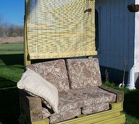 the outdoor seat i made to go with the super nice cushions found thrown out not a, doors, outdoor furniture, outdoor living, painted furniture, pallet, ready to relax afternoon snooze