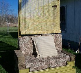the outdoor seat i made to go with the super nice cushions found thrown out not a, doors, outdoor furniture, outdoor living, painted furniture, pallet, the finished seat