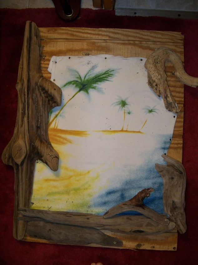 made this today from a scrap board an old tank top and driftwood art for the wall, crafts