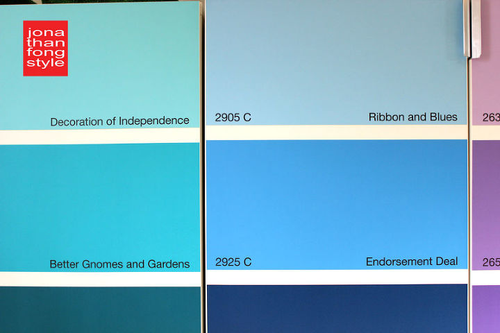 paint chip cabinet doors, craft rooms, kitchen cabinets, painting, storage ideas, Even though I used actual Pantone colors and numbers I created the names What fun to make up my own paint names The names are aspirational and or related to design so the cabinets are like one big vision board