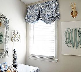 a vanity table, home decor, bed sheet turned balloon curtain DIY monogrammed canvas