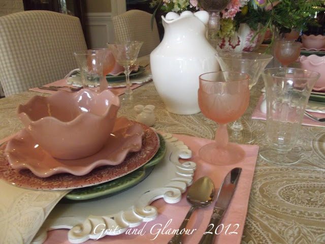 my easter table in paisley and pink, easter decorations, seasonal holiday d cor, White pitchers and an assortment of vintage stemware