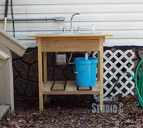 build an outdoor sink and connect it to the outdoor spigot, diy, outdoor living, plumbing, woodworking projects, The completed sink and stand