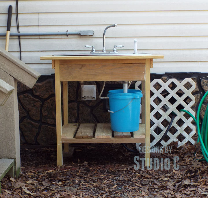 build an outdoor sink and connect it to the outdoor spigot, diy, outdoor living, plumbing, woodworking projects, The completed sink and stand