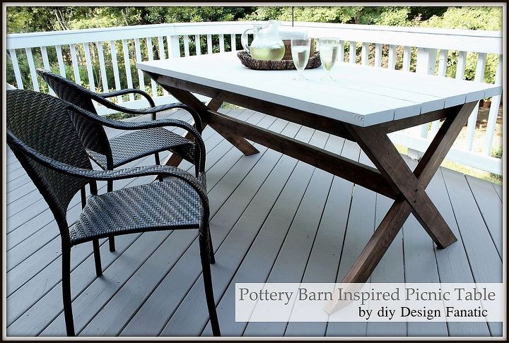 pottery barn inspired picnic table, outdoor furniture, outdoor living, painted furniture, Finished table on the deck