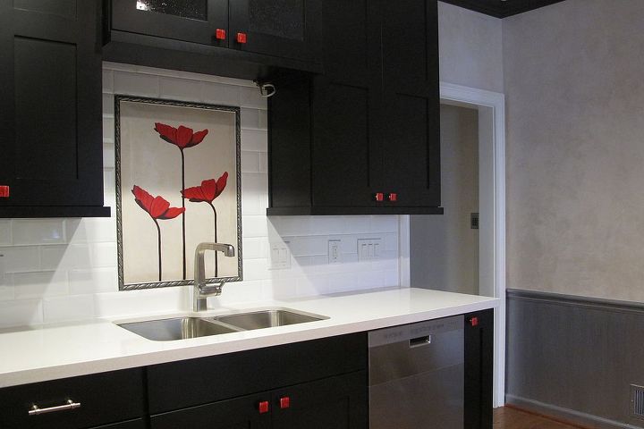 q first completed project for 2012 what do you think about the black and white color, home decor, kitchen backsplash, kitchen design, tiling, Hand painted tile on back splash to blend with walls