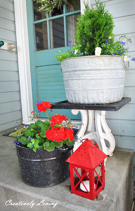 my summer back entry, curb appeal, decks, doors, gardening, outdoor living, Old canning pots as planters