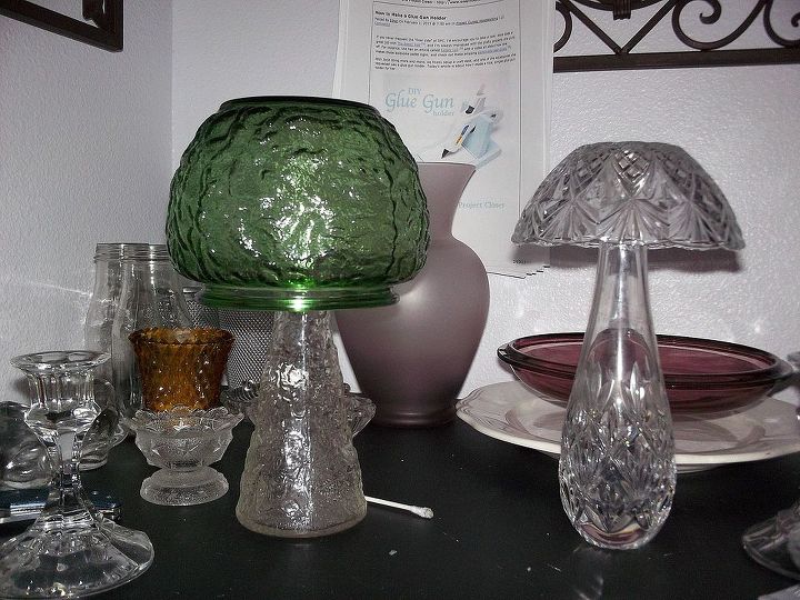 mushrooms and flowers for the garden and yard, crafts, I found the green bowl and clear vase at different stores The texure matched up soit was meant to be