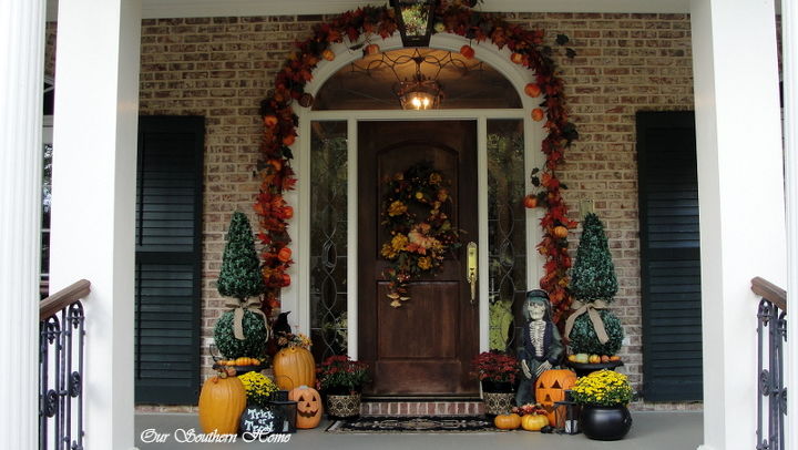 fall decoupage bucket, crafts, decoupage, halloween decorations, seasonal holiday decor, Fall porch