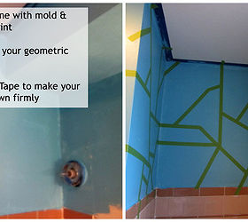 diy geometric walls, bathroom ideas, home decor, paint colors, painting, wall decor, 1 coat of mold mildew resistant primer on the walls and ceiling because this is a full bath 1 coat of Fountain and 2 coats of City Nights Then peel the frog tape off and bask in the awesomeness