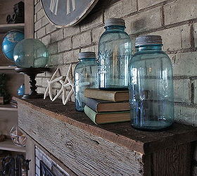 repurposed using an old barn tin roof and barn wood for a fireplace makeover, fireplaces mantels, home decor, mason jars, repurposing upcycling, Repurposed accessories and a barn wood mantle