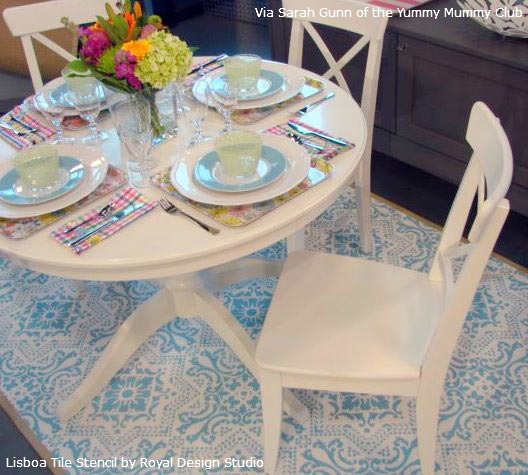stylishly stenciled indoor rugs with royal design studio stencils, diy, flooring, home decor, painting, Interior stylist Sarah Gunn stenciled our Lisboa Tile Stencil on the Canadian lifestyle show Cityline TV