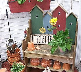 garden pot bench, gardening, This sweet little bench the window box and all the clay pots were garage sale finds that now pretty up our kitchen door entrance See more at
