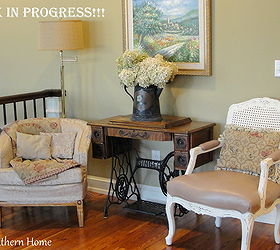 french country thrift store chair makeover, chalk paint, painted furniture, This is our sitting area on the upstairs landing It is a work in progress The antique sewing cabinet is being moved and a small side table will take its place The chair to the left will be painted and slip covered