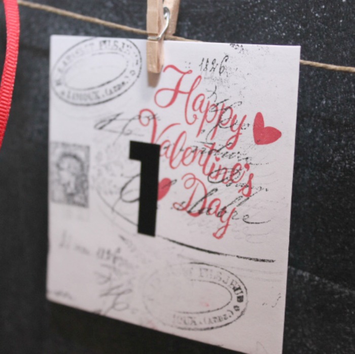create valentine message calendar, chalkboard paint, crafts, seasonal holiday decor, valentines day ideas, wreaths, I used a French Letter stamp from Michaels and a three different Valentine stamps in red and pink plus some stick on numbers from the scrapbook section