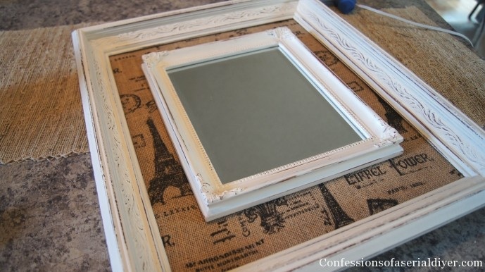 diy burlap framed mirror, crafts, I hot glued the mirror to the background