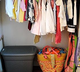 organize kids closets once and for all, closet, organizing, Every time you remove a piece of clothing move the hanger to one side so you always have empty hangers grouped together I also keep the next size up clothing in a bin in the closet so they re ready when seasons change