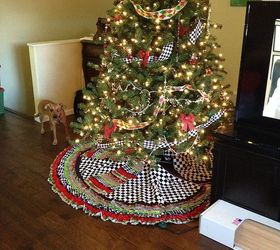 ribbon tree skirt and beaded garland measurments included, crafts, seasonal holiday decor, This is my final product but lets go step by step for making this MaCkenzie Childs inspired tree skirt I bought items at Wally World a local fabric store and hobby shop