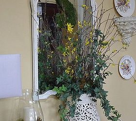 how to turn a garden stool into a large vase, home decor, repurposing upcycling, Filled with ivy twigs and real forsythia stems