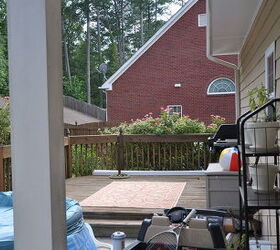 backyard deck, decks, doors, landscape, outdoor living, patio, view from back door notice the column on the patio