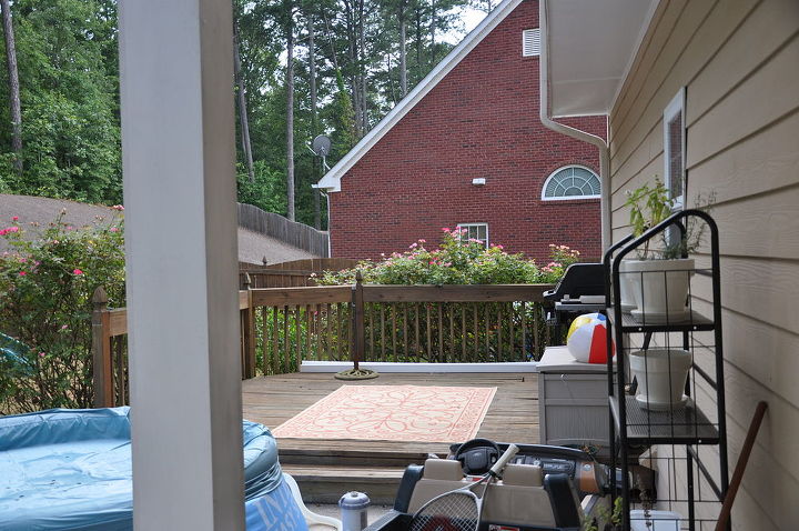 backyard deck, decks, doors, landscape, outdoor living, patio, view from back door notice the column on the patio