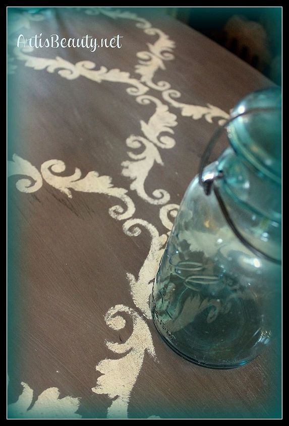 quick stenciled coffee table makeover trash to treasure, painted furniture, Up close of the finished stencil work on the table