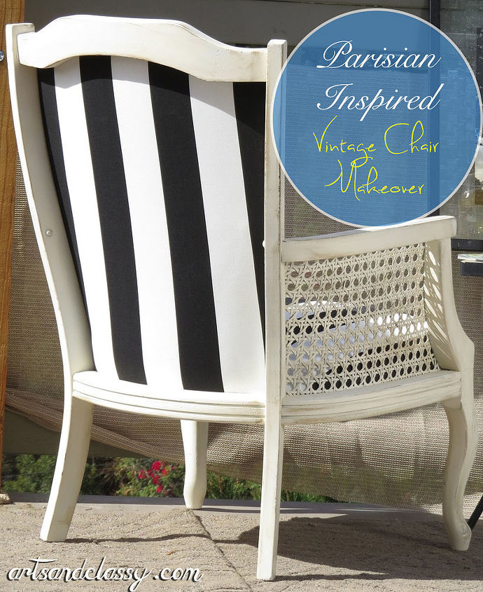 cane back chair makeover, painted furniture, Stripes are fabulous