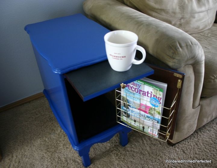 end table makeover for living room, painted furniture, Check out these fun features A pull out surface for drinks and a built in magazine rack