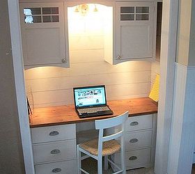 closet turned office reveal, closet, craft rooms, diy, home office, painted furniture, woodworking projects, Craftsman style cabinets were the perfect touch for the wall cabinets and my designed and built them himself