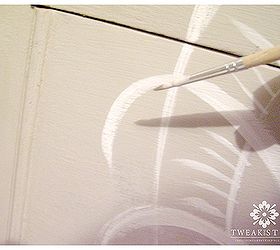 how to add a hand painted element to your next furniture make over, painted furniture, Use a round liner brush with white acrylic and water to add smooth flowing flourishes