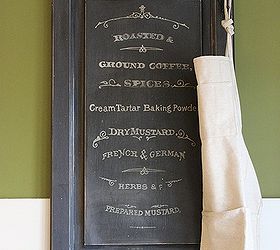 new coffee sign from an old cabinet door, chalkboard paint, crafts, repurposing upcycling, Adding a vintage coat hook to the top corner where the original knob would have gone give the sign some flexibility to hang items such as an apron oven mitts