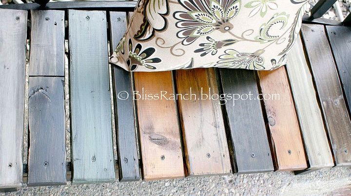 porch bench made from old headboard amp scrap wood, diy, painted furniture, woodworking projects, Several coats of marine varnish helps it hold up in the summer rain