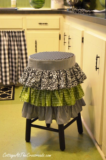 ruffled stool cover, crafts, home decor, kitchen design, painted furniture, The stool cover was made with 4 different fabrics