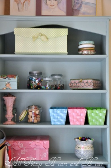 craft room reveal, craft rooms, We added shelving in a soft blue for some pretty storage