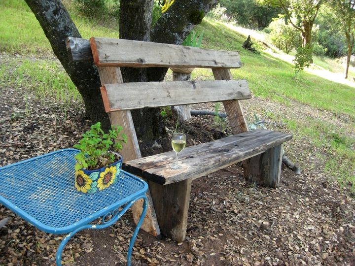 how to build simple garden benches for free, diy, how to, outdoor furniture, outdoor living, painted furniture, woodworking projects, A bench designed to lean against a tree This design is ALSO by Aldo Leopold but I saw it in someone s front garden and remembered it for a long time before we actually made it