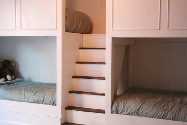 boys bunk beds, bedroom ideas, painted furniture, woodworking projects, Another after There s a little hiding spot behind the stairs where they can read a book or play