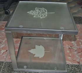 stuff i make, crafts, diy, painted furniture, old rusty table that i found in the dumpster i sanded it and painted the feet and the glass i painted with maple leaves