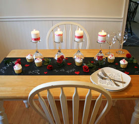 diy valentine s day table, painted furniture, seasonal holiday decor, valentines day ideas, Write messages on your chalk board table runner to make it extra special