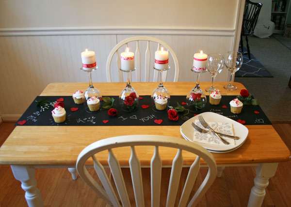 diy valentine s day table, painted furniture, seasonal holiday decor, valentines day ideas, Write messages on your chalk board table runner to make it extra special