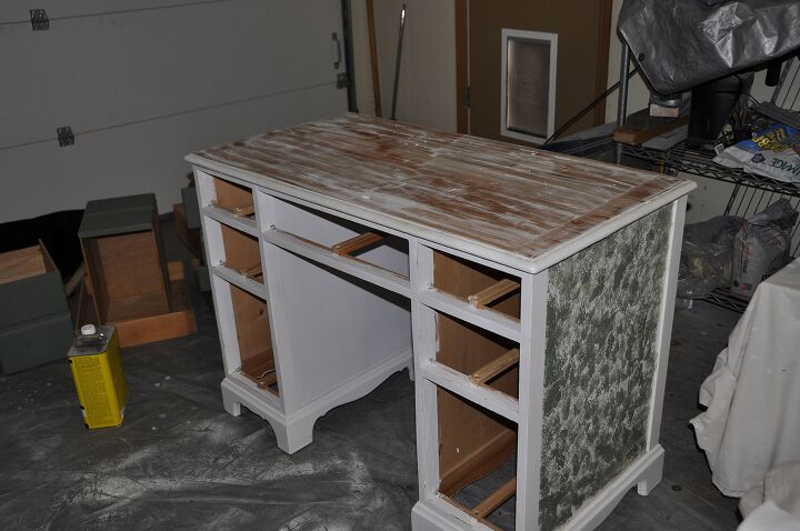 flashback to the 90 s desk revamp, painted furniture, So I started stripping down the top thinking I was going to stain it but as I was going I realized it was not going to work I was going to have to spend way too much time and the wood on top wasn t nice enough quality