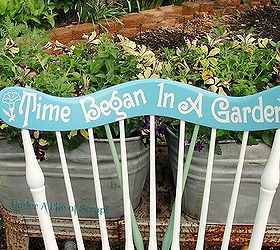 pretty painted garden chair, outdoor furniture, outdoor living, painted furniture, One of my favorite quotes Time Began In A Garden Stenciled on Top
