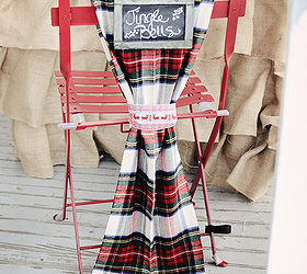 front porch hot cocoa party part 2, christmas decorations, crafts, seasonal holiday decor, Jingle Bell Chalk Sign with Plaid Scarf over red chair