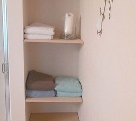 installing built in bathroom shelves, bathroom ideas, closet, diy, shelving ideas, storage ideas, woodworking projects, During all leaning to the right