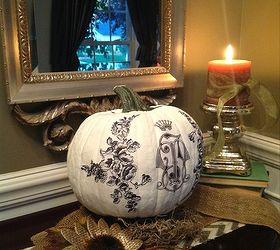 diy painted monogrammed pumpkin, crafts, seasonal holiday decor, DIY Monogrammed Pumpkin apply printed graphics while the paint is wet and hold until tacky the image looks like it has always been there